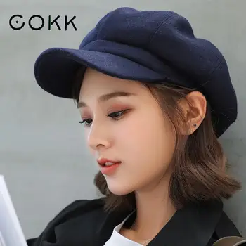 COKK Toamna Pălării de Iarnă pentru Femei Solide Simplu Octogonal Capac de vânzător de ziare Barbati Casual Ladies Lână Pălărie de Iarnă Bereta Femei Pictor Capac