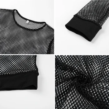 Rockmore Plasă Transparentă Tricou Femei Bodycon Cu Maneci Lungi De Sus A Culturilor Tee Shirt Doamnelor Vedem Prin Streetwear Fishnet Bază Tricou