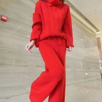 Femei costum 2019 nou stil pulover de iarna set de cânepă model de pulover moda largi picior pantaloni de costum din două piese