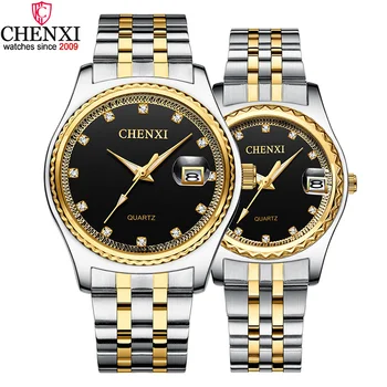 De lux CHENXI Iubitor de Ceasuri de Argint Între Aur de Oțel Ceas de Cuplu Afaceri Rochie Femei și Bărbați Stras Cuarț Ceas rezistent la apa