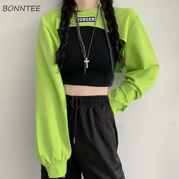 Harajuku Hoodies Femei Elevi Kpop Cu Glugă Verde Crop Top Pentru Femei La Modă Elastic Stil Japonez Tricou Șic Noi