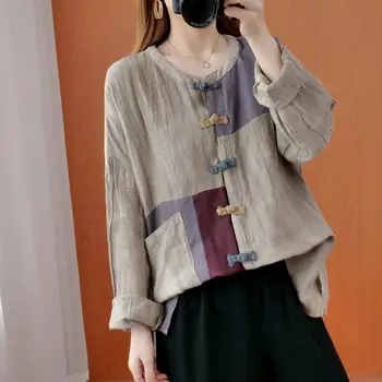 DIMANAF Femei, Plus Dimensiune Bluza Îmbinat Butoane Mozaic T-Shirt Toamna Lenjerie de Casual sex Feminin Chineză Stil Vintage Bluza Vrac