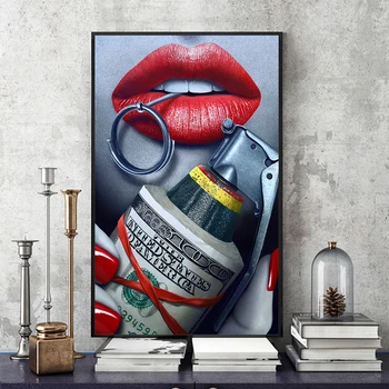 Moda Artă Panza Pictura Buzele Roșii Bani De Arme Arta De Perete Poza Pentru Living Modern Decor Acasă Postere Si Printuri