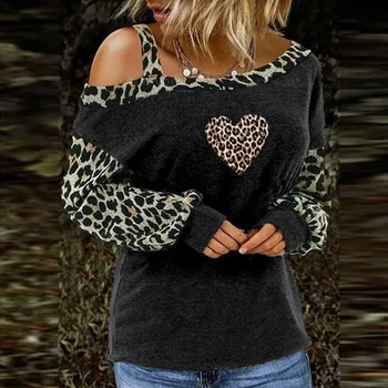 Femei Inima Leopard de Imprimare Mozaic Maneca Lunga Pulover de Topuri Casual-Curea de umăr Bluza Tricou Toamna