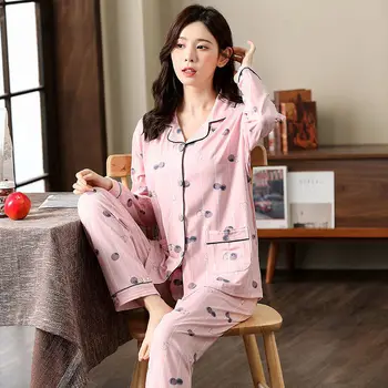 Femei Seturi de Pijama Plus Dimensiune 5XL de Imprimare Simplu, Guler de Turn-down de sex Feminin Moale Liber Talie Elastic Moda coreeană Stil Chic Homewear