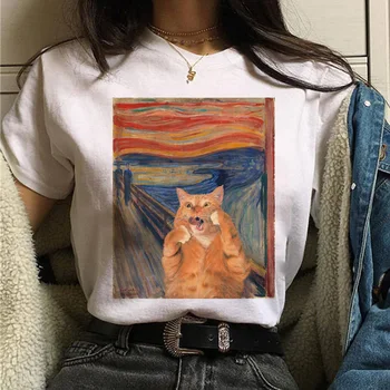 Pisica Van Gogh t-shirt femei de arta de imprimare pictură în ulei frumos, drăguț, amuzant t-shirt 90 de desene animate ulzzang top casual t-shirt femei