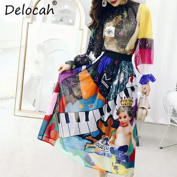 Delocah Femei Primavara-Vara Costume De Pista Designer De Moda Complet Maneca Superba Volane Caracter Print Fusta Set De Doua Bucati
