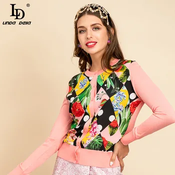 LD LINDA DELLA Noi 2021 Designer de Moda de Primăvară Roz Tricotat Bluze Femei cu maneci Lungi imprimeu Floral Silk Cardigan Pulovere