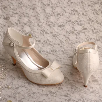 Pantofii de mireasa pentru Mama Miresei Mary Jane din Dantela ivoire Pantofi de Mireasa cu Toc mic