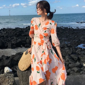 Vara Femei Florale Rochie De Imprimare Lungi Elegante Pauza De Ceai Satin Rochie De Vacanță Casual Vintage Midi Tropical Beach Dress Pista 2020