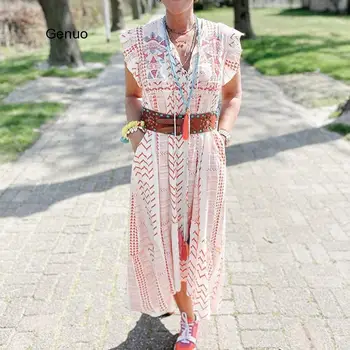 Vara Imprimate Rochie Femei Bohemia Leagăn Mare Libertate Imperiu V-Gât Scurt Maneca Fluture Ciucure De Moda Casual Rochii Lungi