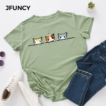 JFUNCY Plus Dimensiune S-5XL Femei T-shirt Femei Maneci Scurte Tee Topuri Drăguț Pisică Imprimare Femeie Casual Tricou de Vară 2020 Bumbac Tricou