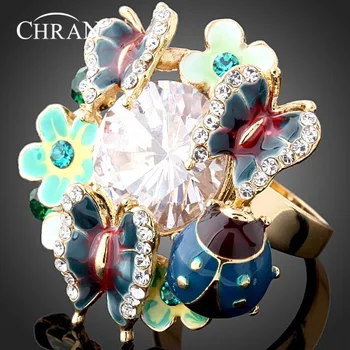 CHRAN de Culoare de Aur Gărgăriță Design Zircon Bijuterii Inele de en-Gros de Cristal Email Fluture Model Floare Inele Pentru Femei