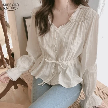 2021-Coreean De Bumbac Culoare Solidă Solide Vintage Femei Topuri Toamna Doamnelor Tricou Casual Cu Maneca Lunga Bluza Cardigan Femei 9590