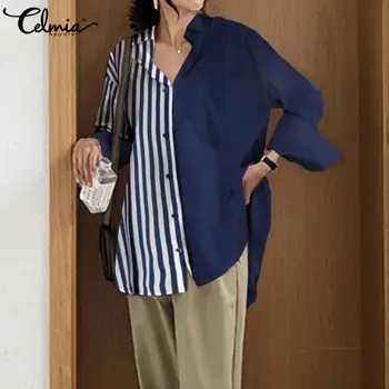 Femei Casual Tricouri Celmia Moda Bluza Cu Maneci Lungi De Toamnă Split Blusas Femininas Vintage Cu Dungi Mozaic Topuri Asimetrice
