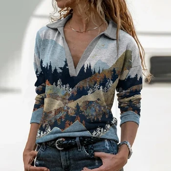 Femei Bluza Tricouri Vintage Peisaj Imprimare 2020 Toamna Elegant Guler De Turn-Down Mâneci Lungi Pulovere Topuri De Sex Feminin Casual Blusa