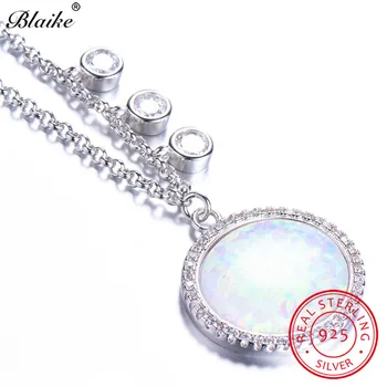 Blaike Argint 925 Pandantive Rotunde Albastru/Alb Opal, Piatra De Zircon Farmec Coliere Pentru Femei Cravată Cadouri Bijuterii