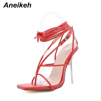 Aneikeh Sandale Gladiator Femei Pantofi Stiletto cu Tocuri PU Cataramă Curea Glezna Casual Solid Petrecere Roma de Aur Dimensiune 35-41 Moda Noua
