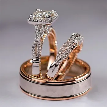 Top Vinde 3PCS de Lux Bijuterii Argint 925&Rose de Aur de Umplere Princess Cut Alb Topaz CZ Diamant Petrecere Femei Inel de Nunta