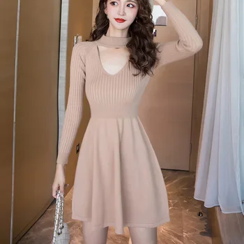De înaltă Calitate, Sexy Tricotat Rochii Femei Maneca Lunga Pulover Rochie Toamna Iarna Femei rochie a-line Mini Rochie coreeană Halat de Femme