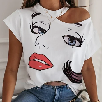 Sexy De Pe Umăr Halter Femei Tricou Bluza Eleganta De Pe Umăr Imprimare Tricouri Casual De Vara Pentru Femeie Maneci Scurte Bază Topuri Blusa