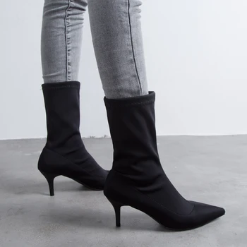 2019 a Subliniat Toe Botine pentru Doamne Elegante, Tocuri Subtiri de Mare de 6,5 cm de la Jumătatea Vițel Cizme Femei Negru Kaki Tesatura Stretch Pantofi Femei