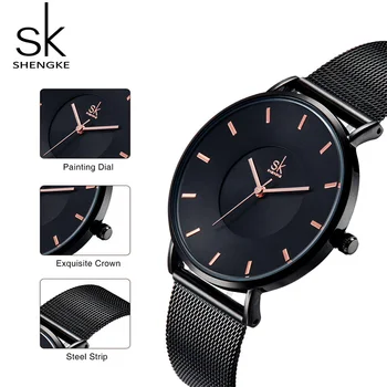 Shengke Relojes Mujer 2019 Negru pentru Femei de Moda Ceas de Brand de Top de Lux Ultra Subțire Ceas Doamnelor Cuarț Ceas de mână SK Feminin Ceas
