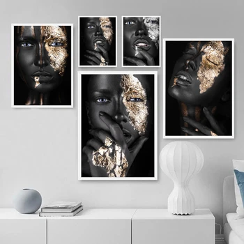 Negru Galben Argint Masca de Femeie Africană Pictura in Ulei pe Panza Cuadros Postere si Printuri Scandinave Poze de Perete Camera de zi