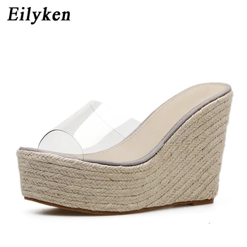 Eilyken New Sosire PVC transparen Femei Papuci de Moda pantofi Platforma cu toc de Vară Alunecare pe sandale Wedges Papuci de casă dimensiune 34-40