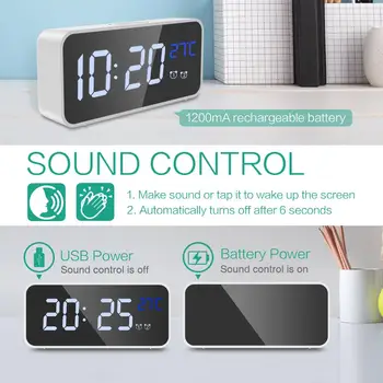 Ceas Digital de Alarmă Oglindă cu LED-uri de Muzică Digitală Ceas 4 Luminozitate Reglabilă Control Vocal Dual Porturi USB de Încărcare Funcție de Amânare