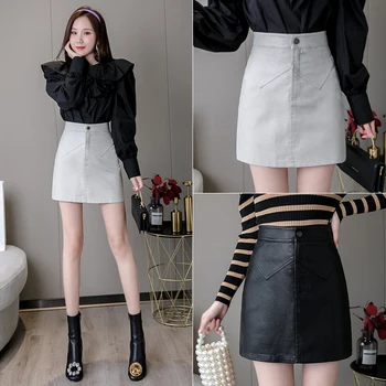 Noi 2020 Toamna Iarna Alb Sau Negru Fusta din Piele Femei de Înaltă Waised coreeană de Moda de Îmbrăcăminte O Linie Casual PU Mini-Fuste Femei