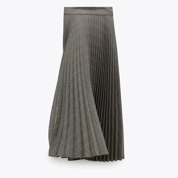 XNWMNZ Za femei plisată verifica fusta bej a-line fusta midi cu partea invizibilă zip de fixare de Înaltă calitate