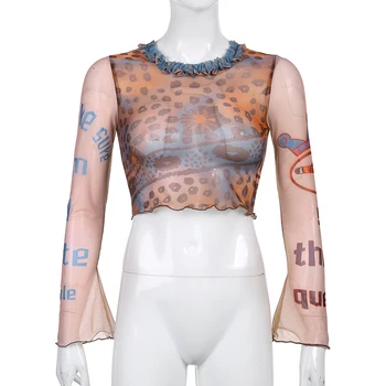 Mesh Imprimat Mozaic Femei T-shirt de Epocă Sexy cu Maneci Lungi Estetice Crop Top Teuri de sex Feminin Toamna Haine 2020Iamhotty