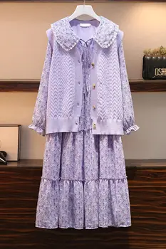 Vestă Set de Rochii 2020 Moda Rochie Floral Tricotate Vesta fără Mâneci Topuri Subțire de Mari Dimensiuni Femei din Două Piese Costum Y499