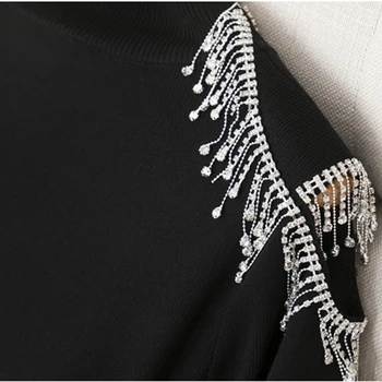 Ailigou 2020 de Înaltă Calitate pentru Femei Rochie Stretch Negru Cristal de Diamant de Înaltă Guler Maneca Lunga Sexy O-Linie Cutat Rochie Vestidos
