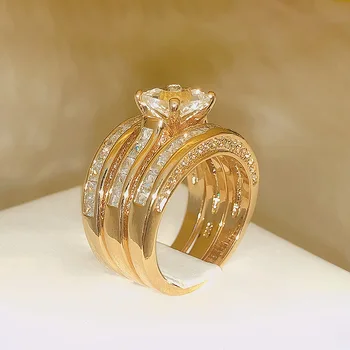 3 /BUC -Set Placat cu Aur de 14K Bijuterii Inel de en-Gros Europa Dna Căsătorie, Logodna Lux Diamant Diamant Vintage Star Film Inelul