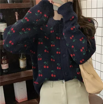 Nomikuma Cherry Jacquard Sweater Coat 2020 Toamna anului Nou Maneca Lunga O-gât Tricotate Sacou de Cauzalitate coreean Dulce Veste 6C554