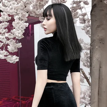 Fitshinling Stil Chinezesc Butoane De Catifea Tricou Femei Grunge Slim Crop Top Jumătate Maneca Harajuku Feminin De Moda T-Shirt 2019