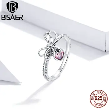BISAER Real 925 Sterling Silver Bow Pink CZ Inele Pentru Femei Logodna Bine S925 Bijuterii Cadou ECR682