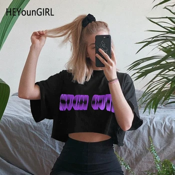 HEYounGIRL Negru T-Shirt Doamnelor Jumătate Casual Cu Maneci Largi Crop Top Harajuku Scrisoarea Imprimate Tricou Femeie Stil Coreean 2019