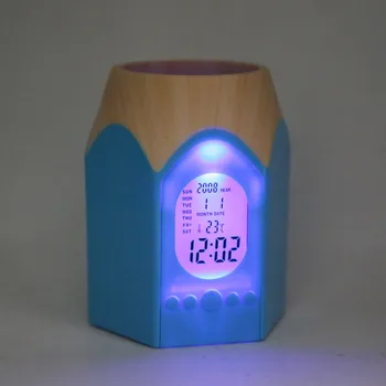 Creion Forma Capului Suport Stilou cu LED-uri Digitale Ceas Deșteptător Multi-funcție Creion Oală Ceas de Masa cu Biroul Temperatura Calendar
