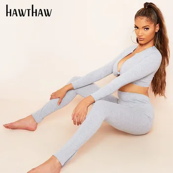 Hawthaw Femei Toamna Cu Maneca Lunga V Gât Topuri De Cultură Pantaloni Lungi Strâns Streetwear Două Seturi De Piese 2020 Toamna Haine Sport