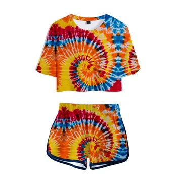 Tie Dye Print 3d Femei Trening Colorate Psihedelice Două Bucata Set Sexy scurte Topuri tricou și pantaloni scurți, Costume de Vara pentru Femei Seturi