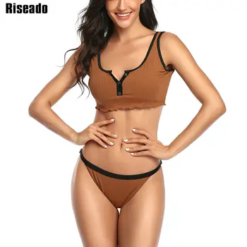 Riseado Bikini Sexy 2021 Femei costume de Baie Costume de baie Zburli Costum de Baie cu dungi Beachwear Butonul Brazilian Bikini Set Vesta biquini