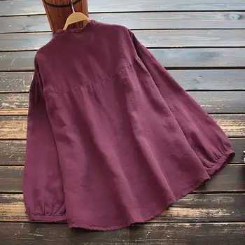 ZANZEA 2021 Primăvară Femei Tricou Vintage Lenjerie de pat din Bumbac Bluza Casual cu Maneci Lungi Solide în Vrac Butoane Blusas Volane Tunica Topuri 5XL