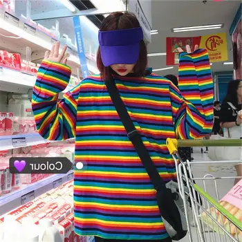 QWEEK Stil coreean Tricou Femei de Moda Rainbow Stripe Print Topuri Casual cu Maneci Lungi Vrac Estetice Haine de Toate-meci Tricou
