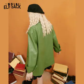 ELFSACK Verde Solid Singur Buton-coreean din Piele Sacou pentru Femei Sacou,2020 Toamnă Pur Cauzală Feminismul Supradimensionat de zi cu Zi Outwears
