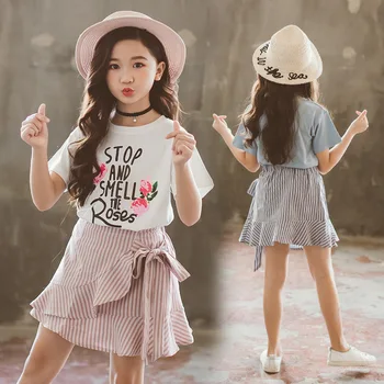 Fete Haine Copii Tinuta de Primavara Tinuta pentru Fete Crescut de Imprimare T-shirt Arc Dungi Fusta 2 buc Copii Haine de Fata Set Moda