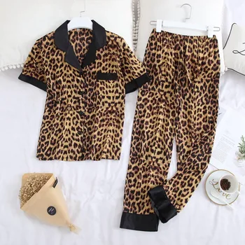 Vara Primavara Cupluri Pijama Set Sexy de Leopard de Imprimare Pijamale de Turn-down Guler de Mătase Subțire Satin Homewear Pentru Iubitorii de Bărbați Și Femei