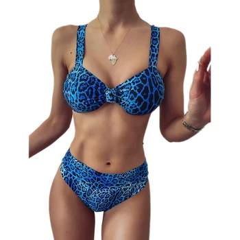 Femei Split costum de Baie Sexy Două Piese Leopard de Imprimare Talie Mare Bikini Costum de Baie cu Piept Pad se Potriveste